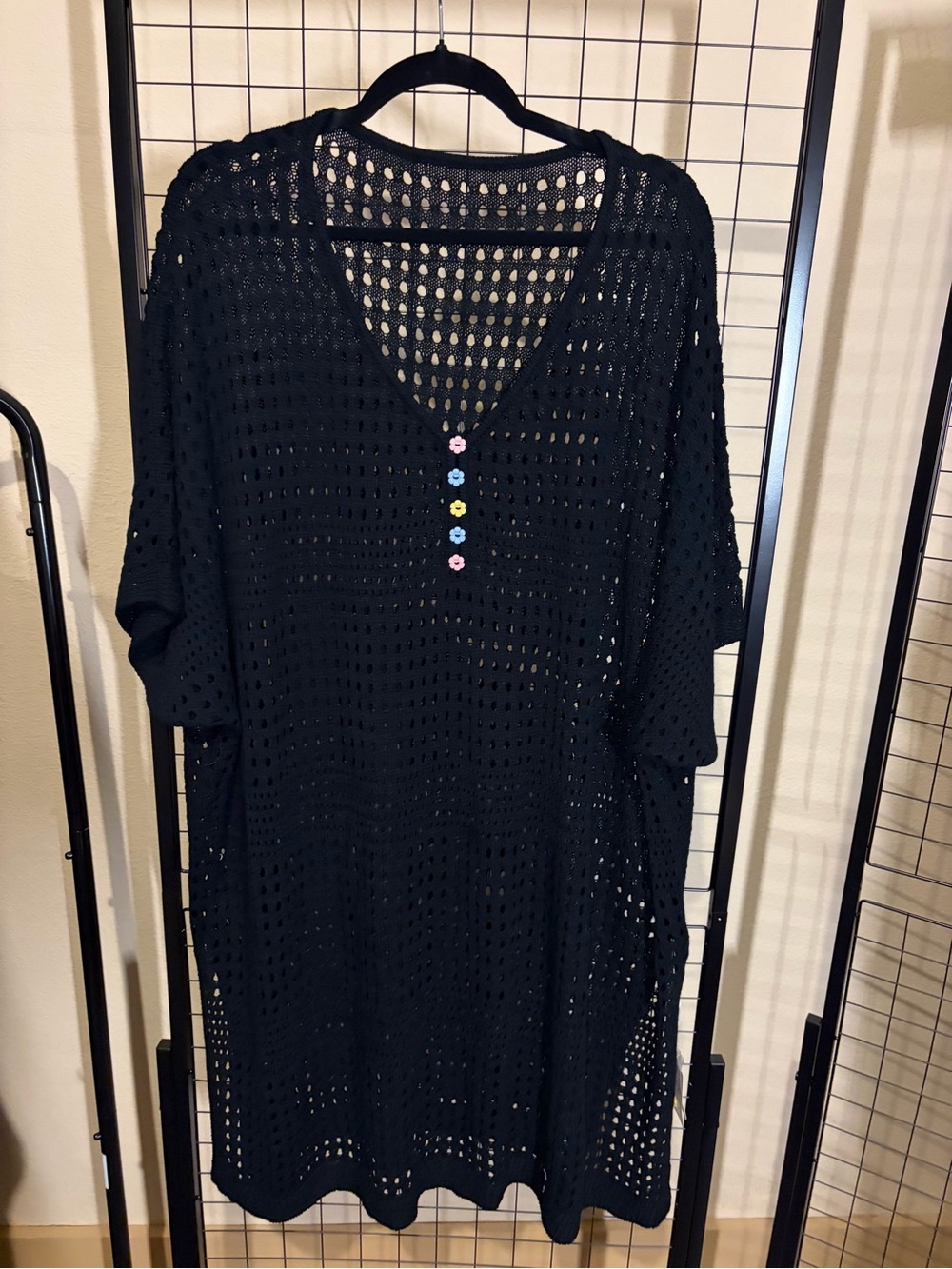 BloomChic Black Crochet Knit Cover-Up with Flower Button Accents